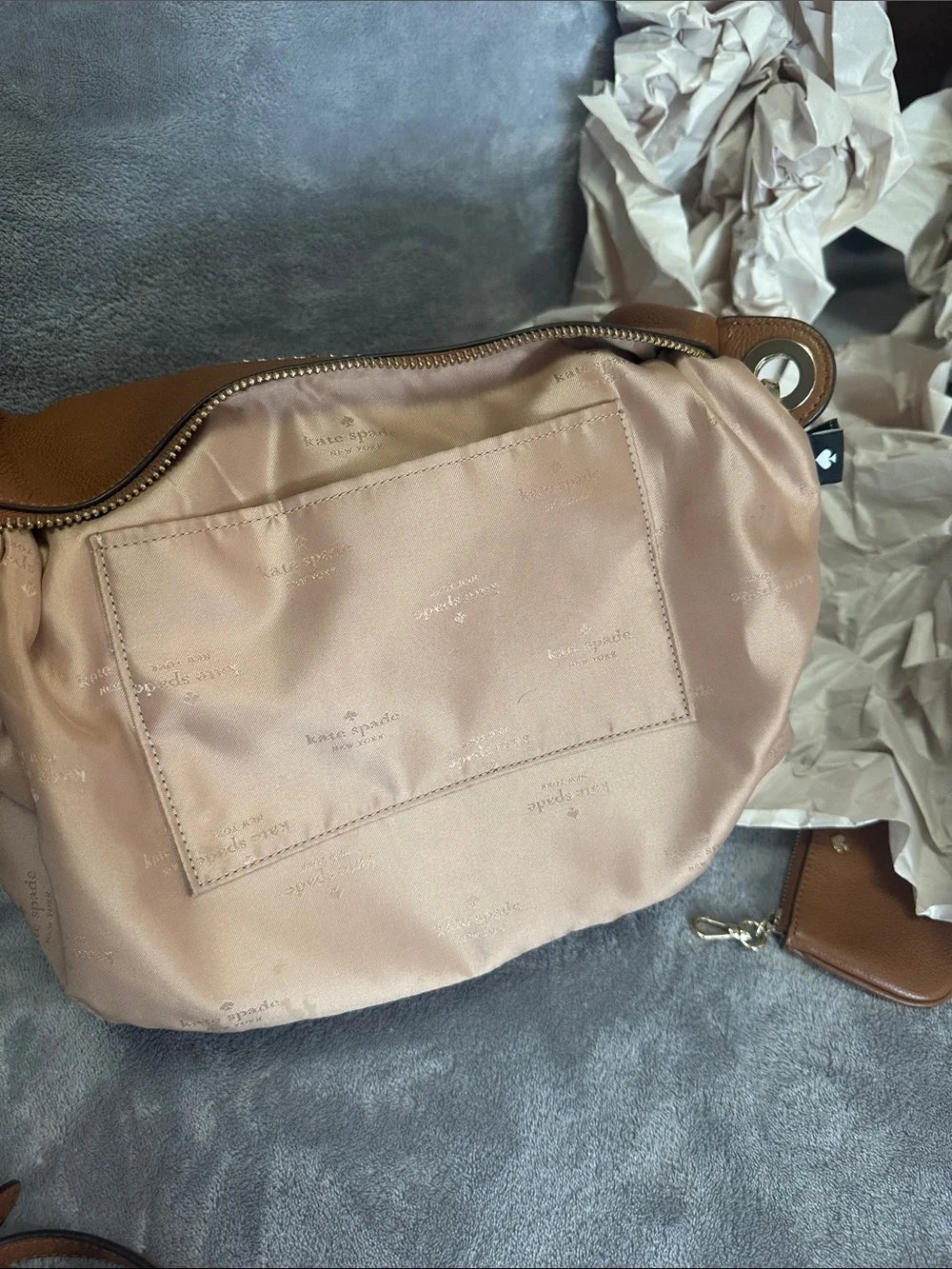 kate spade Brown Pebbled Leather Crossbody with Striped Strap